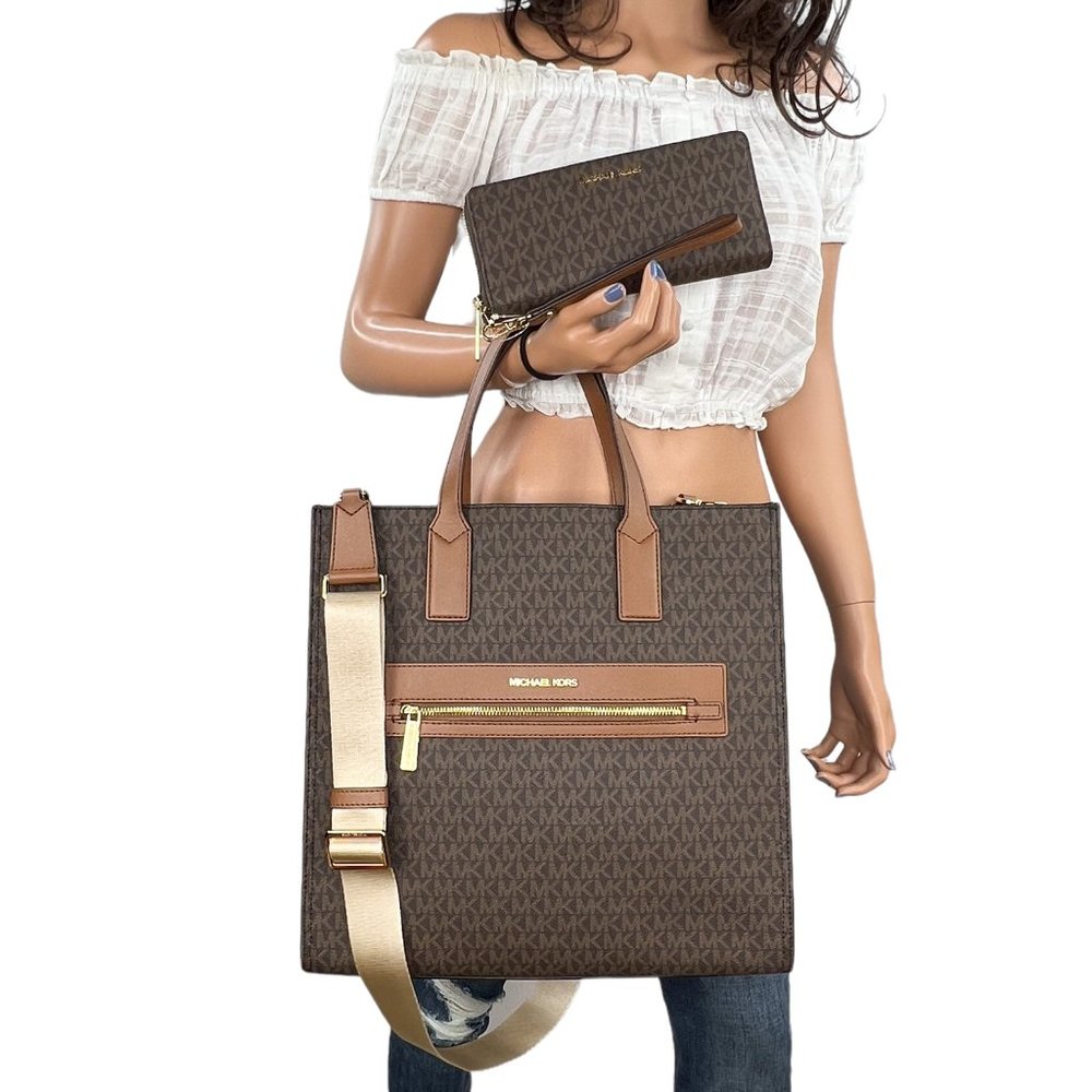 Michael Kors Kenly Large Tote Shoulder Bag + Wallet Set MK Brown